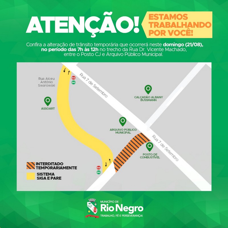 Trânsito no Centro de Rio Negro terá interdição parcial neste domingo (21)